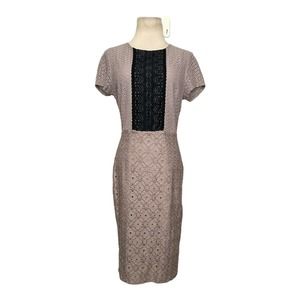 Jones New York tan black color block lined eyelet sheath dress size 6
